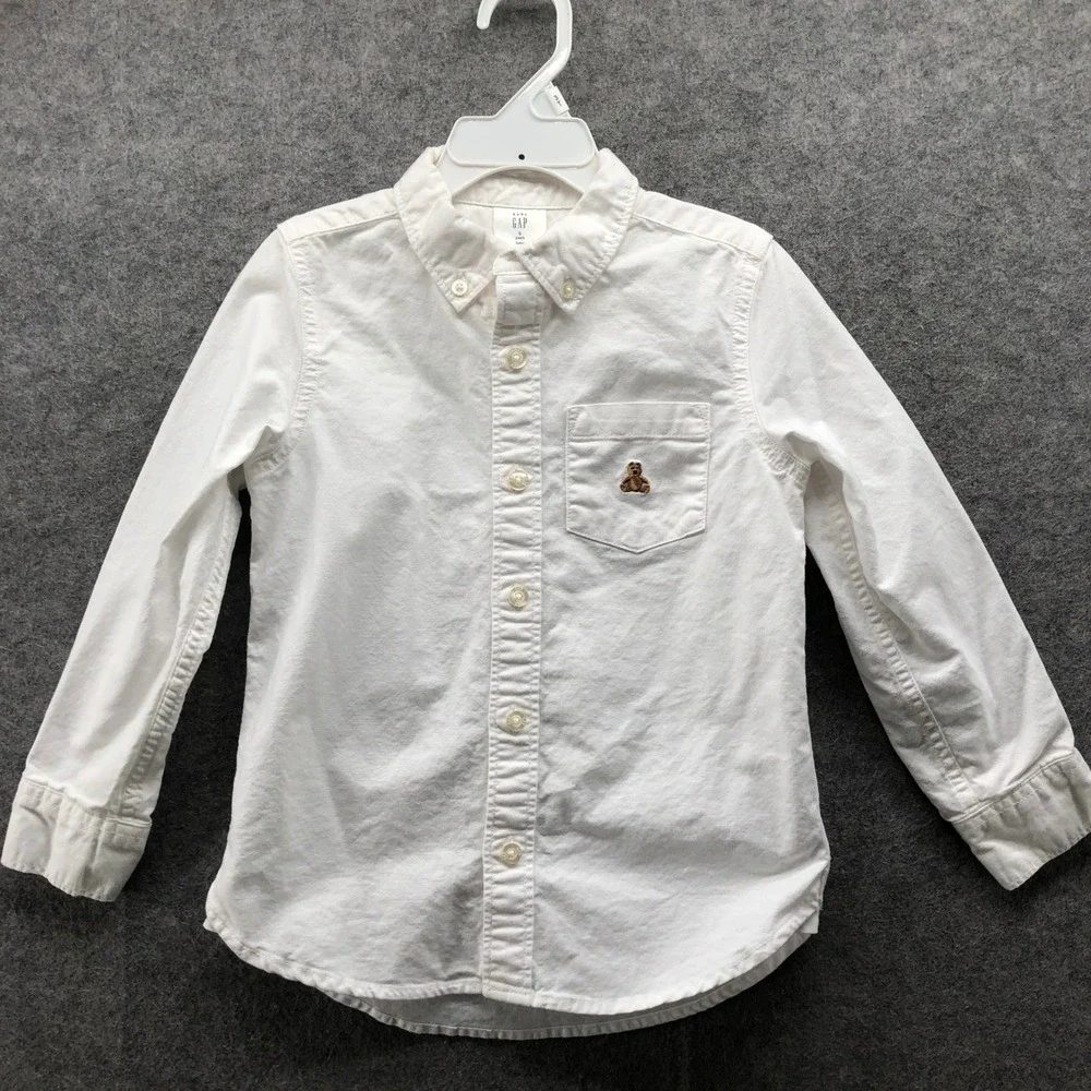 Gap Boys 5T White‎ Oxford Shirt Long Sleeve Organic Bear Embroidered Button